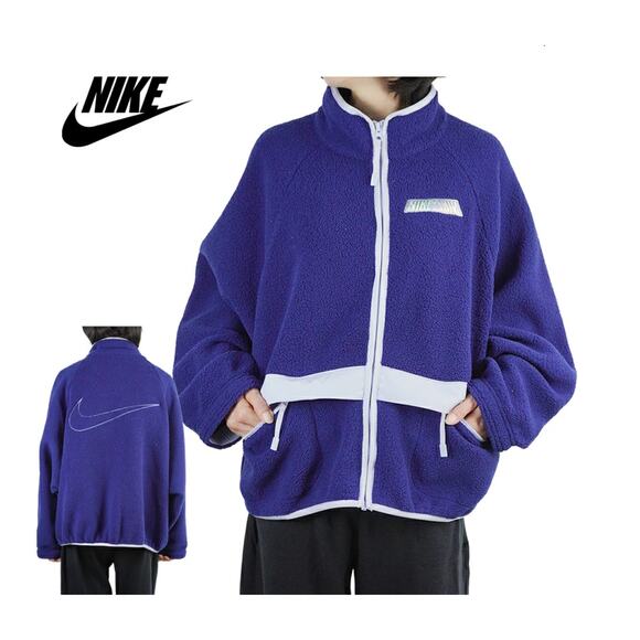 (M) $140 Nike NSW Swoosh Sherpa Oversized Fleece‎ Zip-Up Jacket Navy Blue Sherpa - Picture 1 of 9